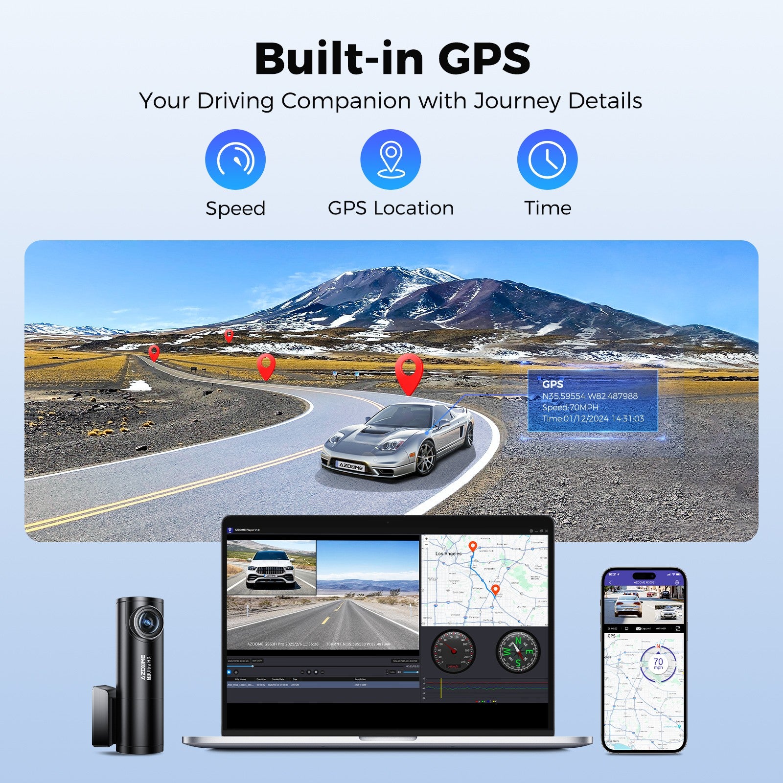 AZDOME 4K+1080P Dual Dashcam Wifi 6 GPS Front and Rear Recorder Camera ADAS 64GB