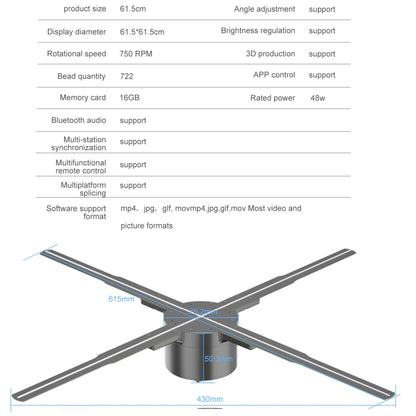 3D Hologram Projector Fan Remote Wifi Control 25-100Cm Commercial Advertise Display Hologram Projector Transmit Picture Video