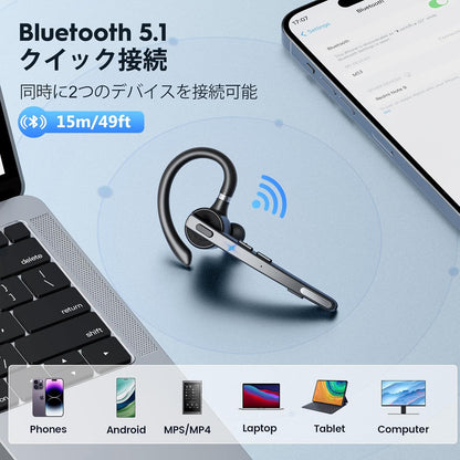 M53 Bluetooth Headset, Single Ear, Hands-Free Calling, Left and Right Ear, Noise Cancelling, Built-In Microphone, Mute Function, Siri Compatible, Connect 2 Devices Simultaneously, for Work