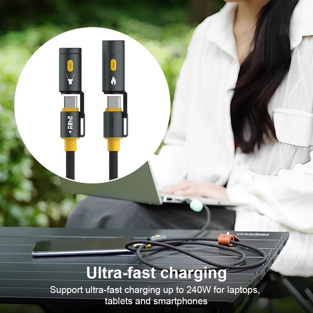 240W Braided USB C Cable with Lighter & LED Flashlight Multiple Charger Cord for Iphone 16 Pro Max/Pad/Phones/Tablets/Laptop