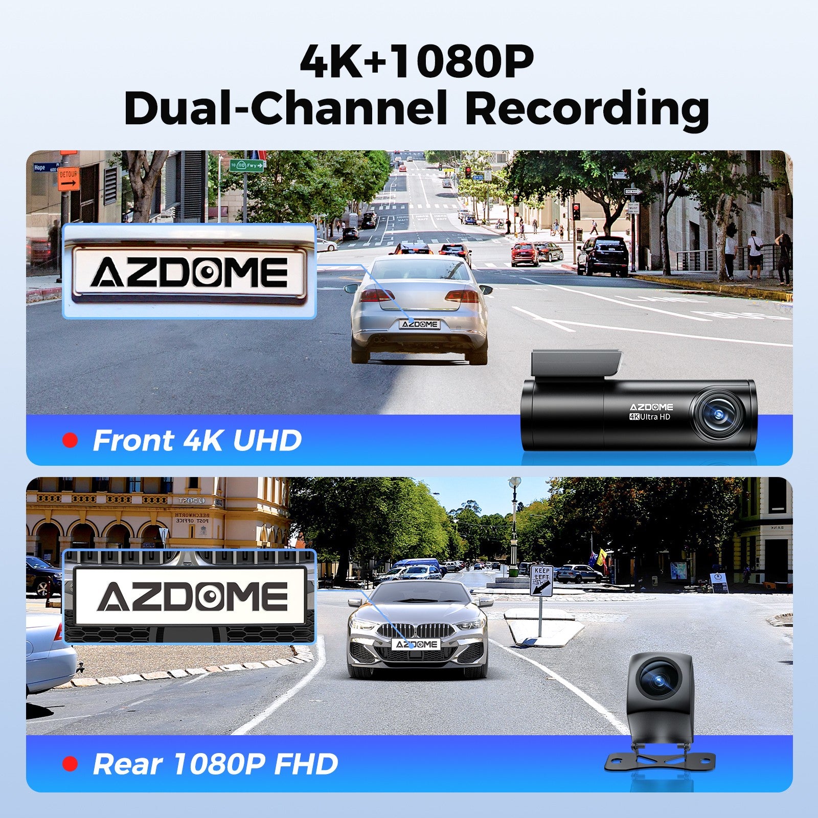 AZDOME 4K+1080P Dual Dashcam Wifi 6 GPS Front and Rear Recorder Camera ADAS 64GB