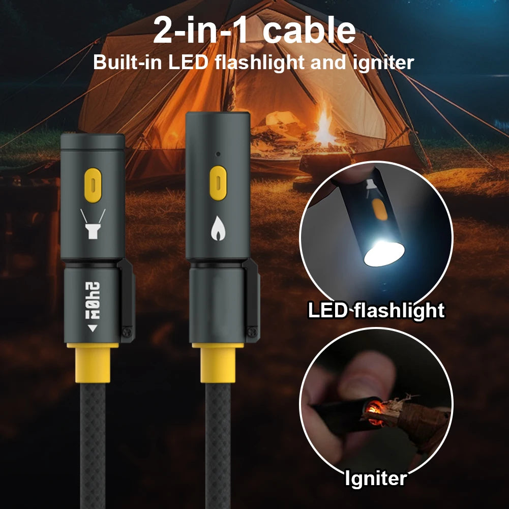 240W Braided USB C Cable with Lighter & LED Flashlight Multiple Charger Cord for Iphone 16 Pro Max/Pad/Phones/Tablets/Laptop