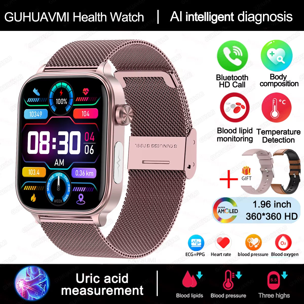 2025 New ECG+PPG Monitoring Smart Watch Women Blood Pressure Blood Lipid Uric Acid Women Menstrual Health Tracker Smartwatches