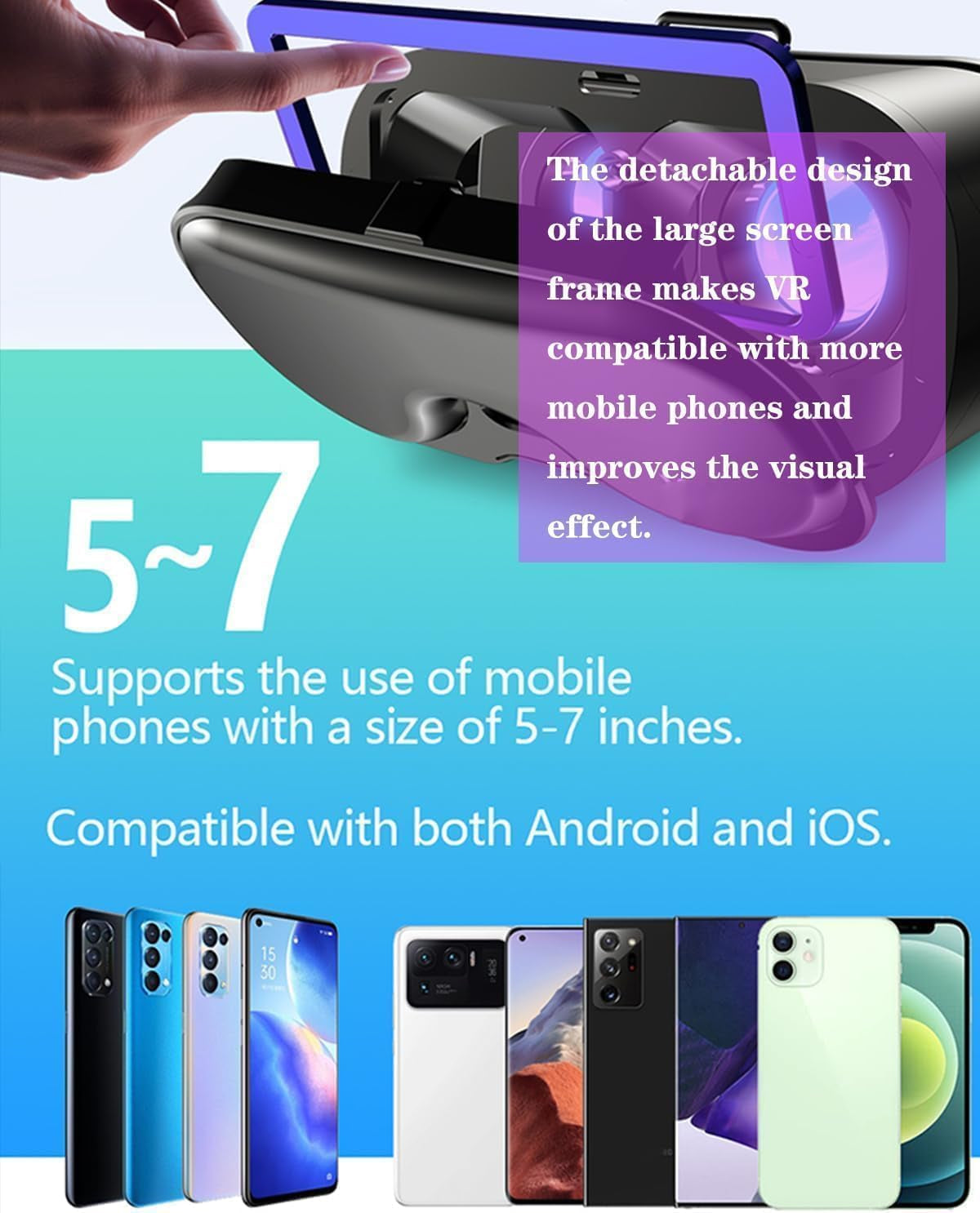 VR Headset for Phone, Virtual Reality Headsets with Anti-Blue Eyes Protected HD Lenses & Touch Keys for Iphone/Android 5-7 Inch Smartphones
